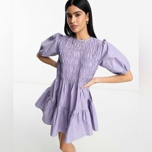 ASOS Smocked Puff Sleeve Lilac Purple Mini Dress 8